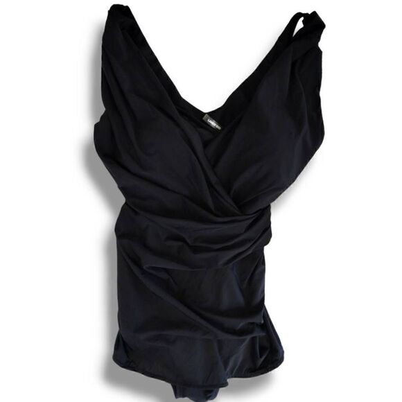 Lands End Womens‎ Swimsuit Sz 8 Black Tummy Control SleeveSuit One PC Ruched - Picture 1 of 14